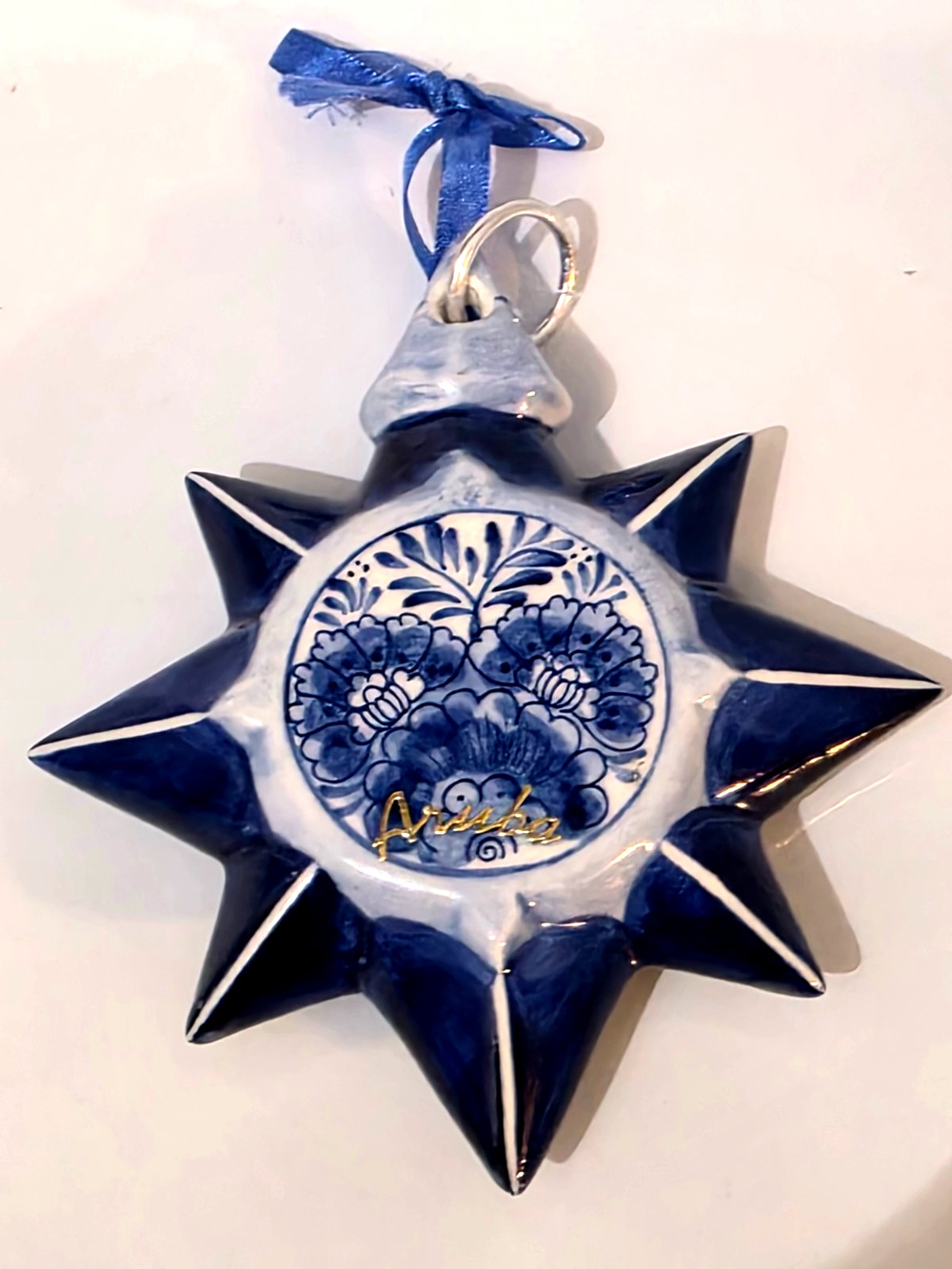 Vintage Delft Blue White Ceramic Christmas Ornament Aruba 5 1/4" Star